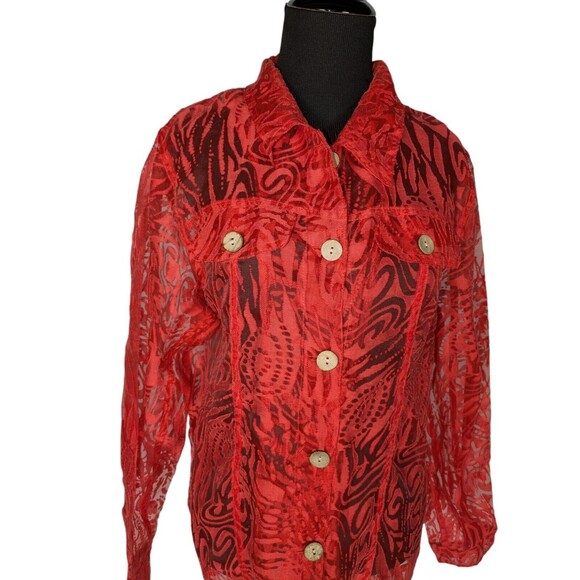 Coldwater Creek Sz M Red Orange Burnout Long Sleeve Wood Button Down Shirt - Picture 2 of 6